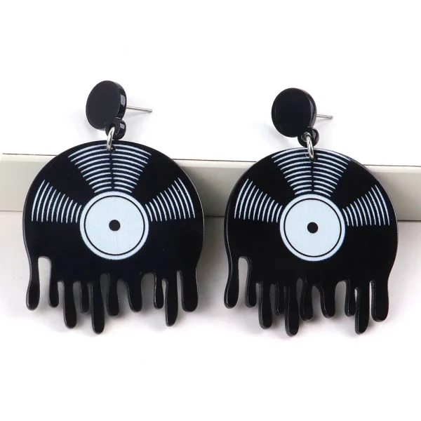 Black Melted DJ Vinyl Record Acrylic Halloween Earrings for Women Hip Hop Tape Disc Dangle Earring Personalized Jewelry